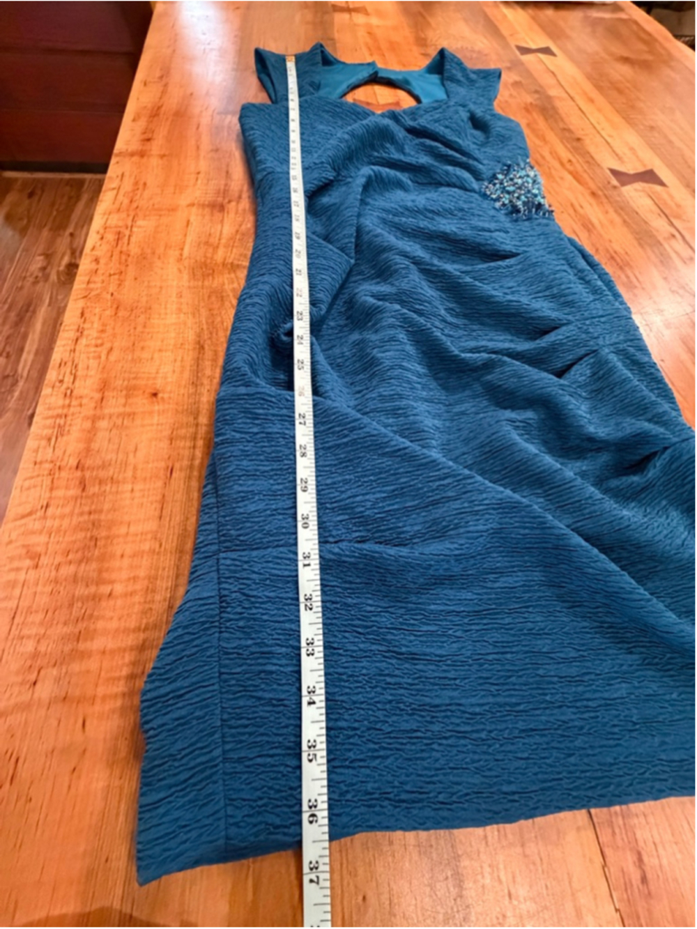 ONE BY EIGHT Teal Ruched Sheath Dress Beaded Waist Cutout Back Cocktail Wedding - Picture 10 of 11